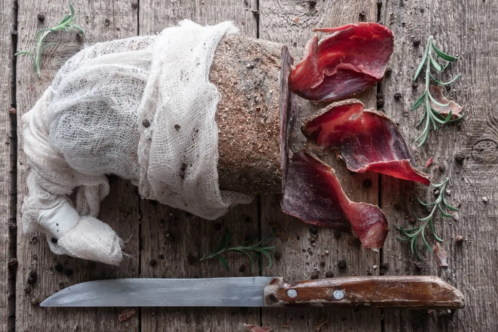 Overhead image of dehydrated meat.