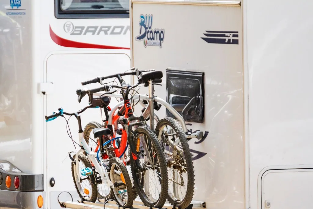 Bicycles mounted on an RV. 