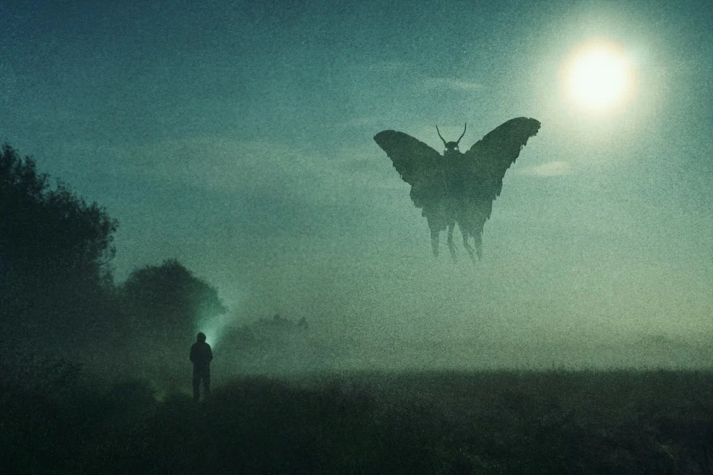 An artistic rendering of Mothman, the cryptid of New River Gorge National Park.