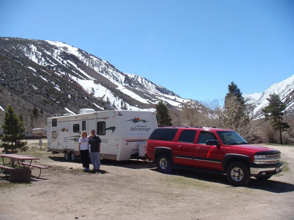 Couple posing in front of their RV in snowy mountains.