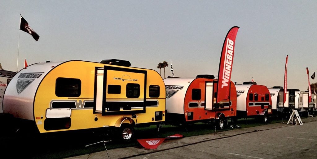 RVs lined up at an RV show.