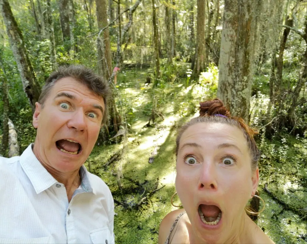 Camping couple shocked in forest. 