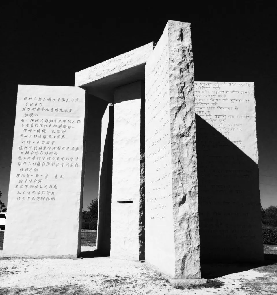 The Georgia Guidestones in black and white.