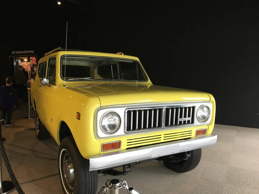 Yellow International Harvester Scout in a museum.