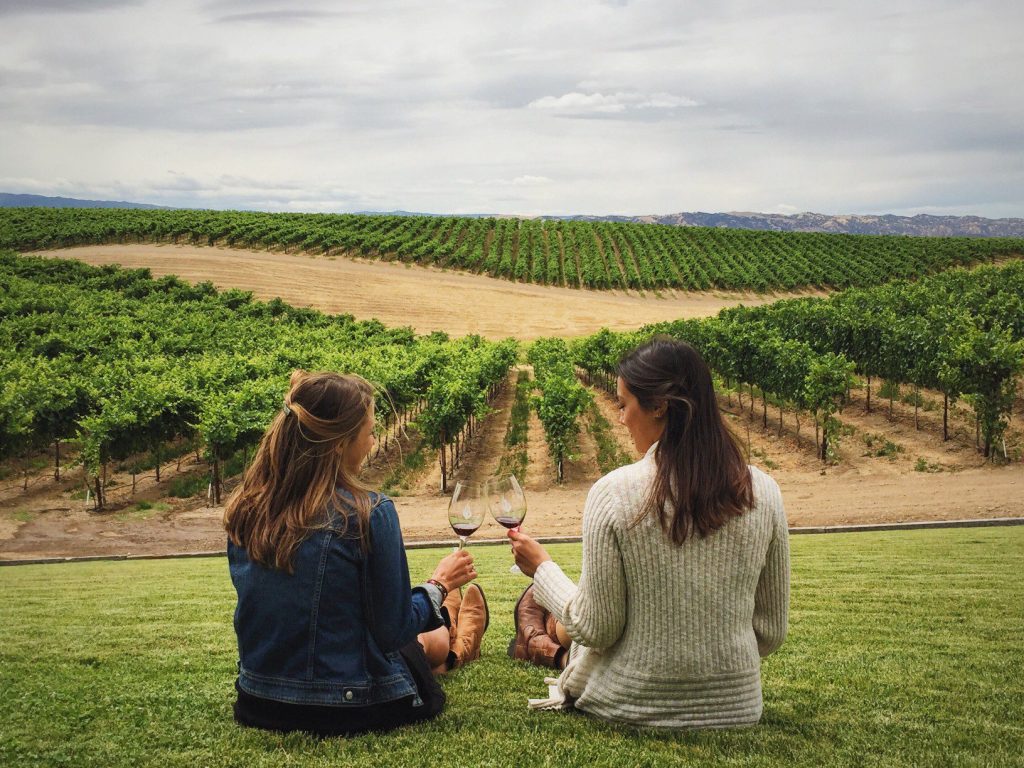 Two girls toasting in a winery