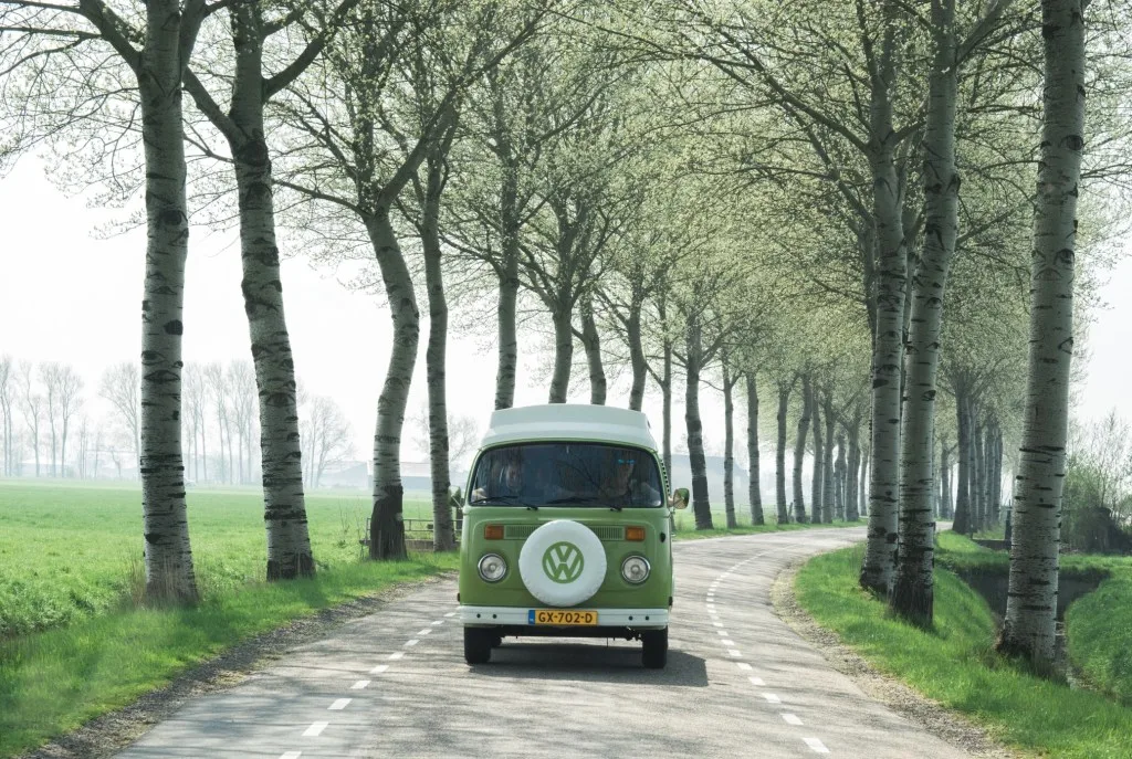 Vintage Volkswagen bus camper driving down tree lined road.