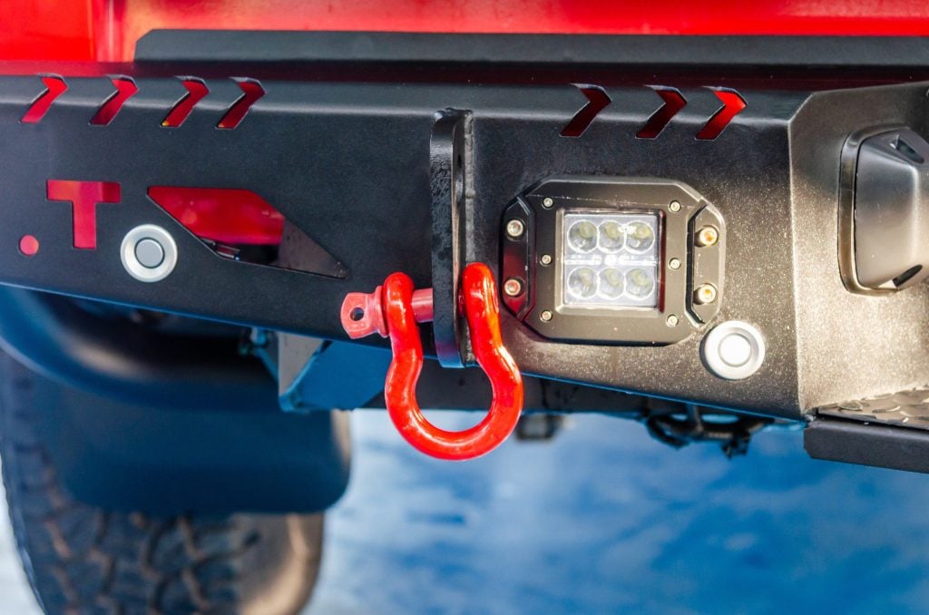 Tow winch on bumper of a vehicle.
