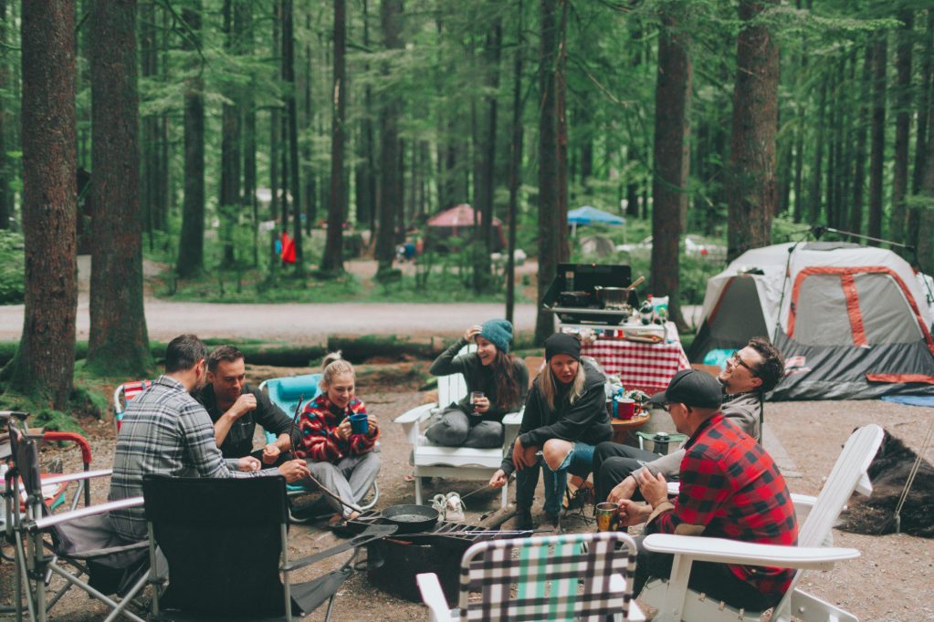 Group laughing at campground