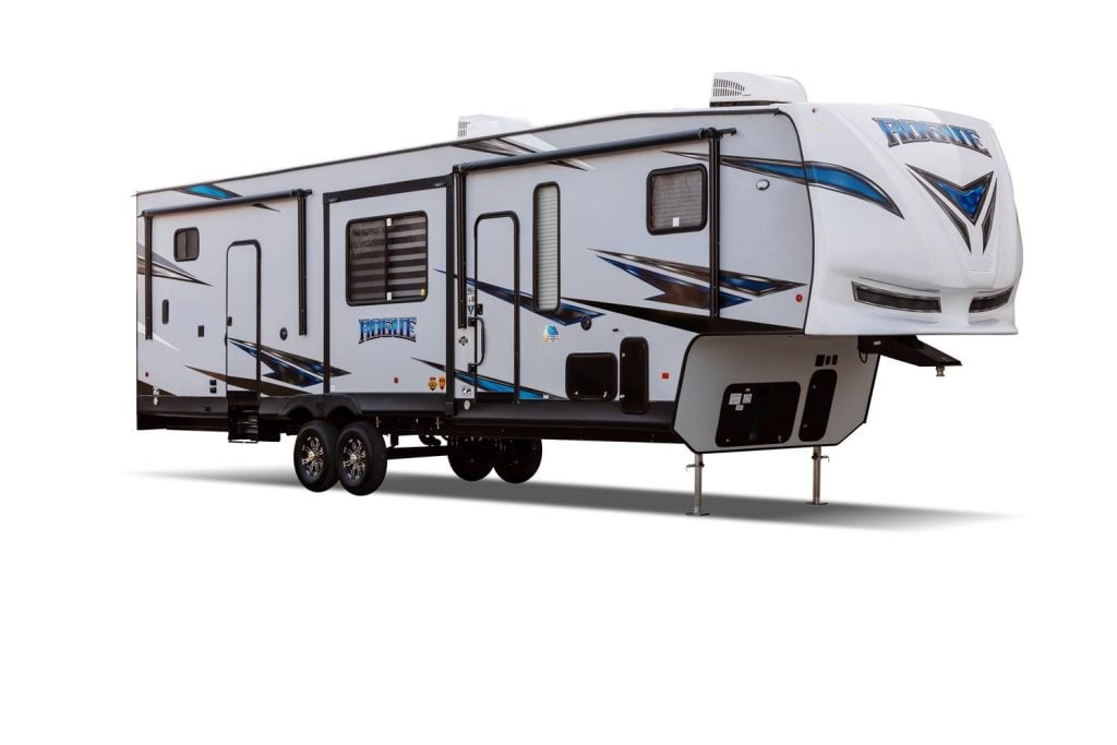 Exterior product shot of a Rogue travel trailer from Forest River website.