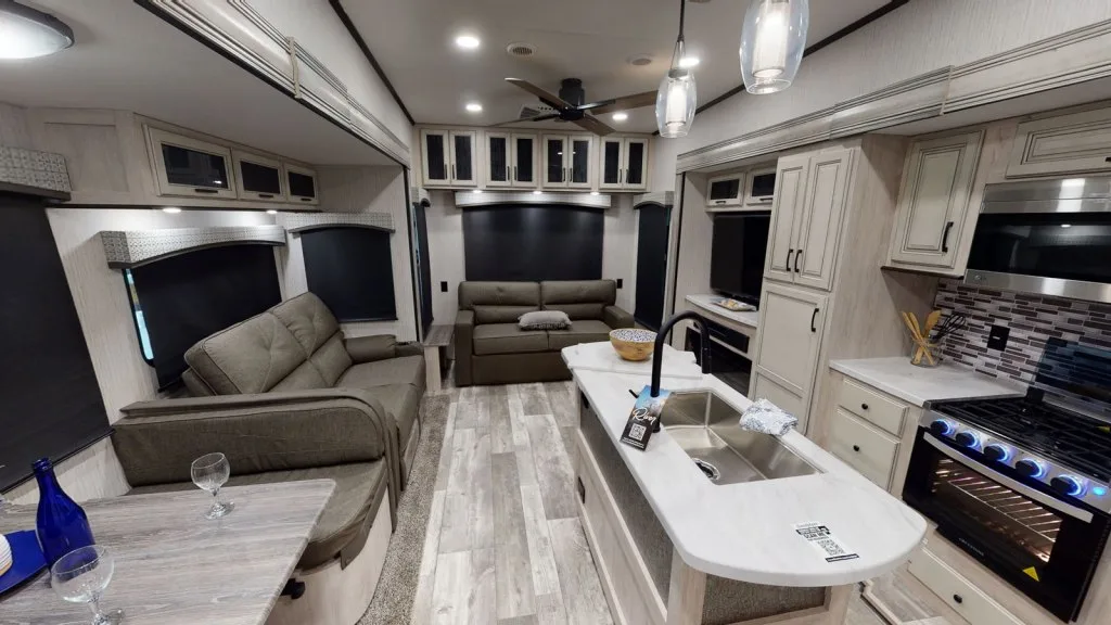 Interior of Sandpiper 5th wheel RV product shot from Forest River website.