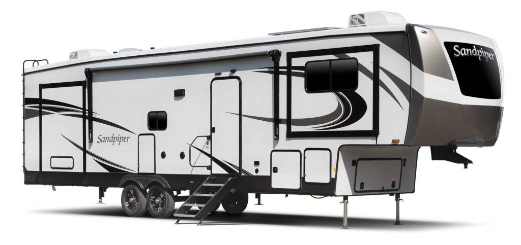Exterior of Sandpiper 5th wheel RV product shot from Forest River website.