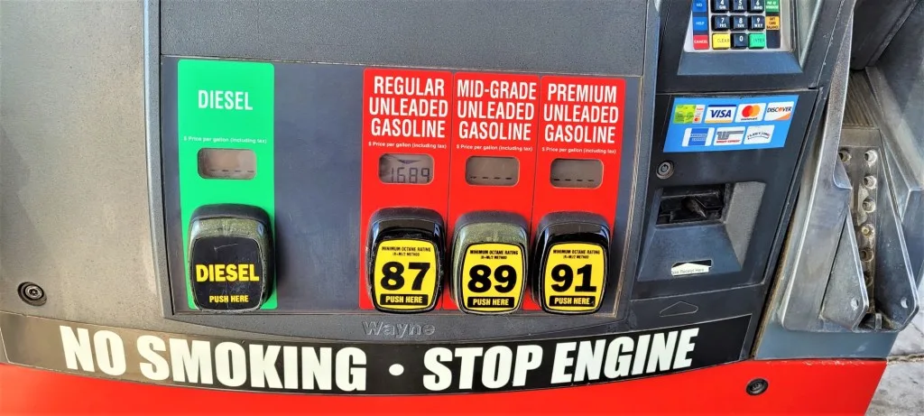 Different types of gas options at the gas pump.