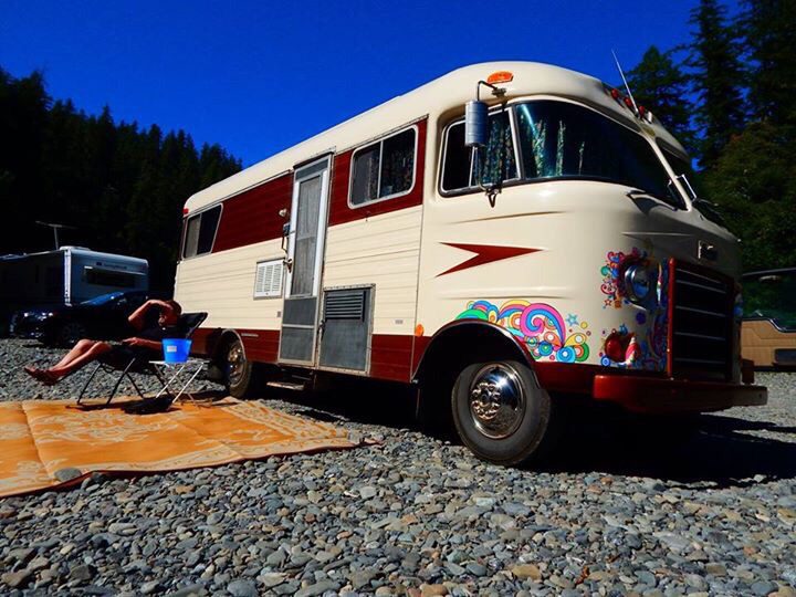 Colorful camper van parked at campsite.