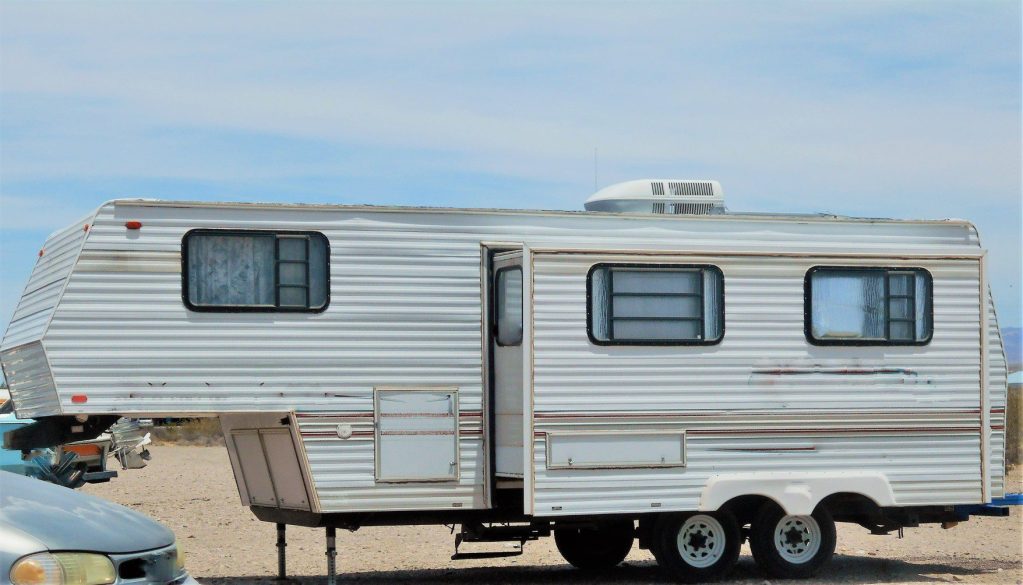 Fifth wheel RV parked for boondocking.