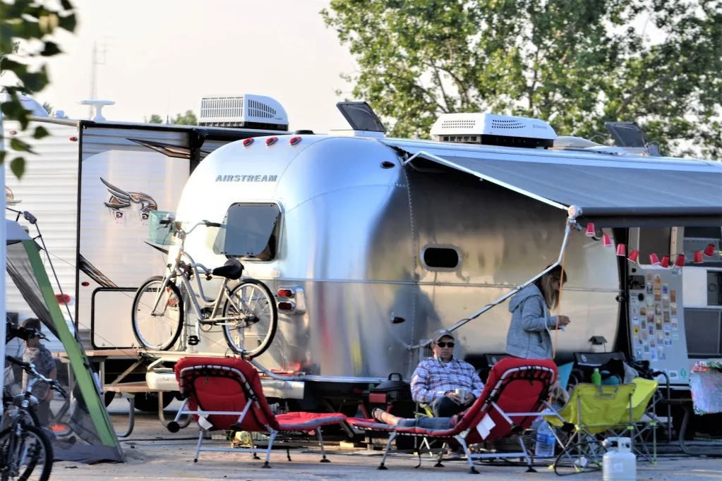 Airstream parked in long term RV campsite.