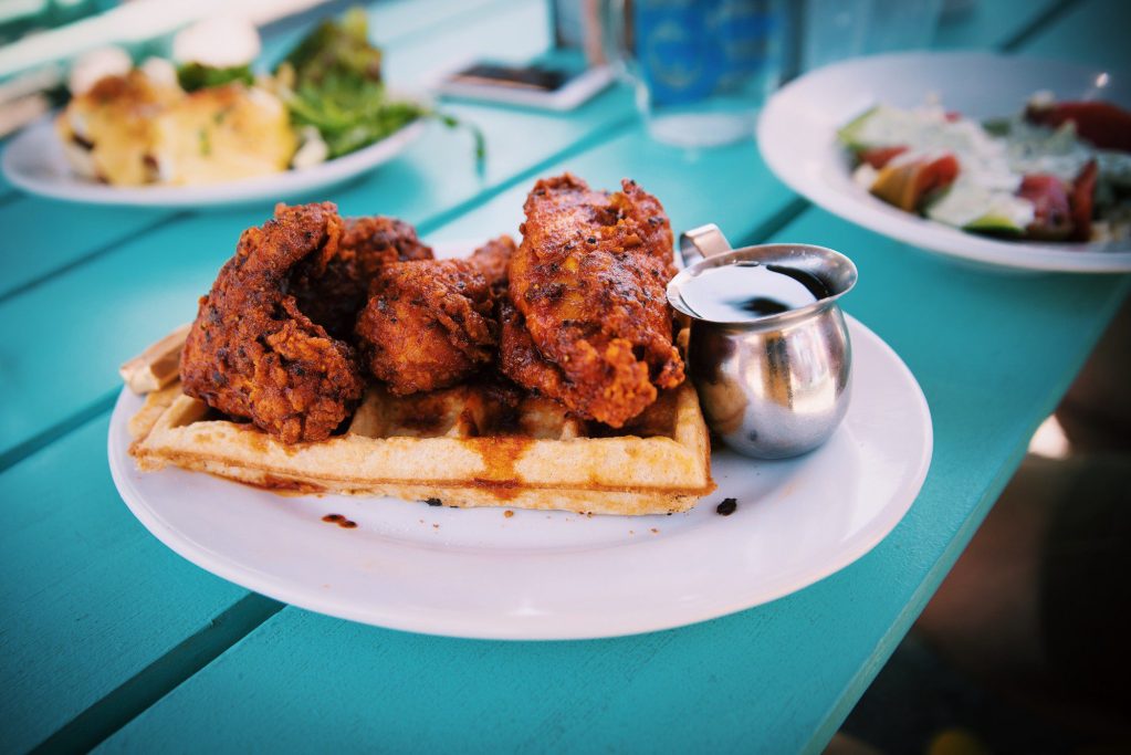 Chicken and waffles in restaurant