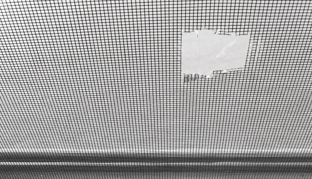 Window screen with hole in it.