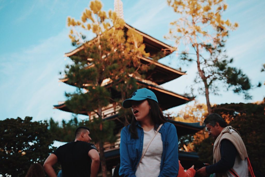 Woman in front of a pagoda in Epcot