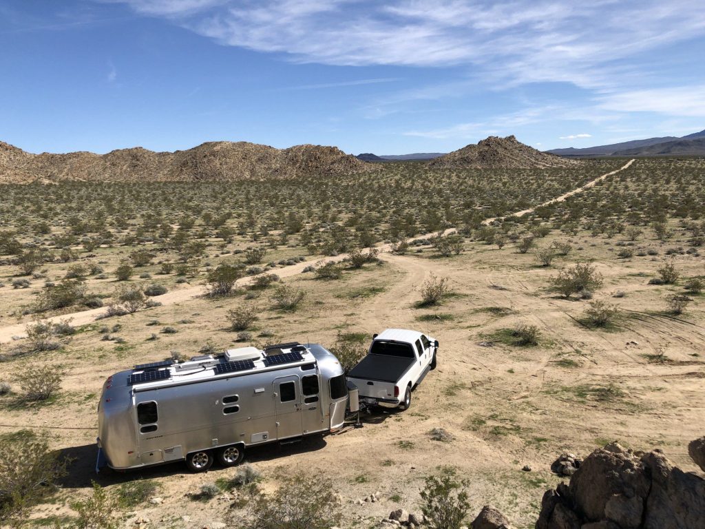 Truck and Airstream boondocking in the desert in Arizona