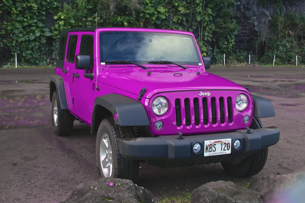 Pink jeep wrangler parked on wet sand