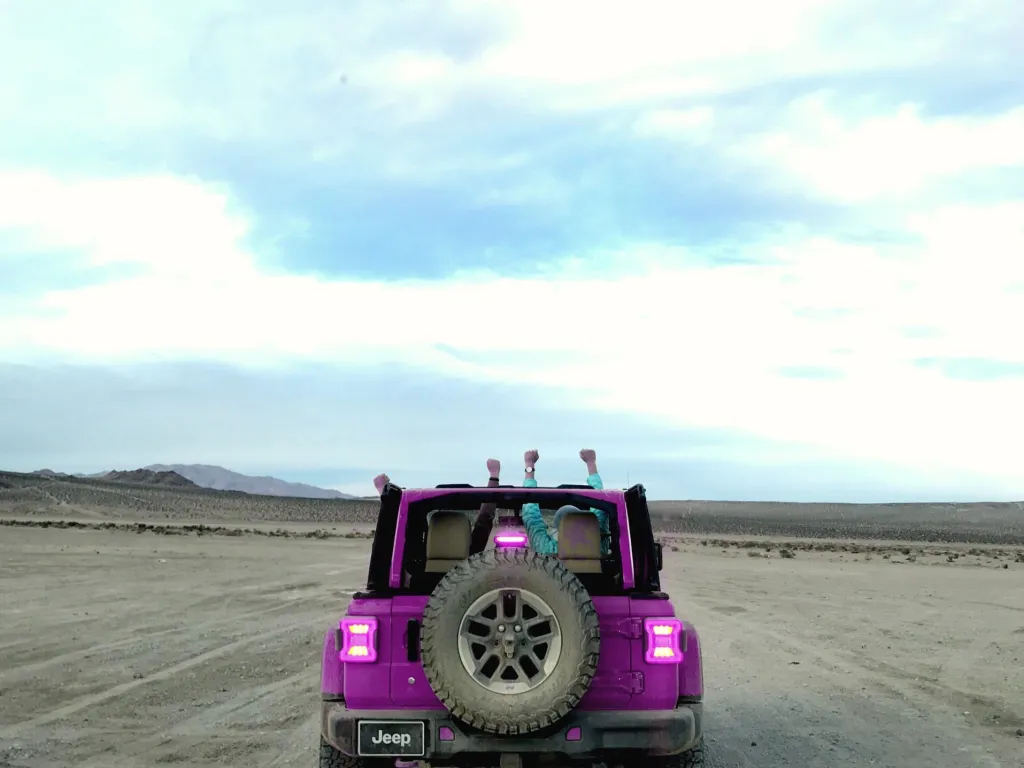 Pink jeep driving in sand