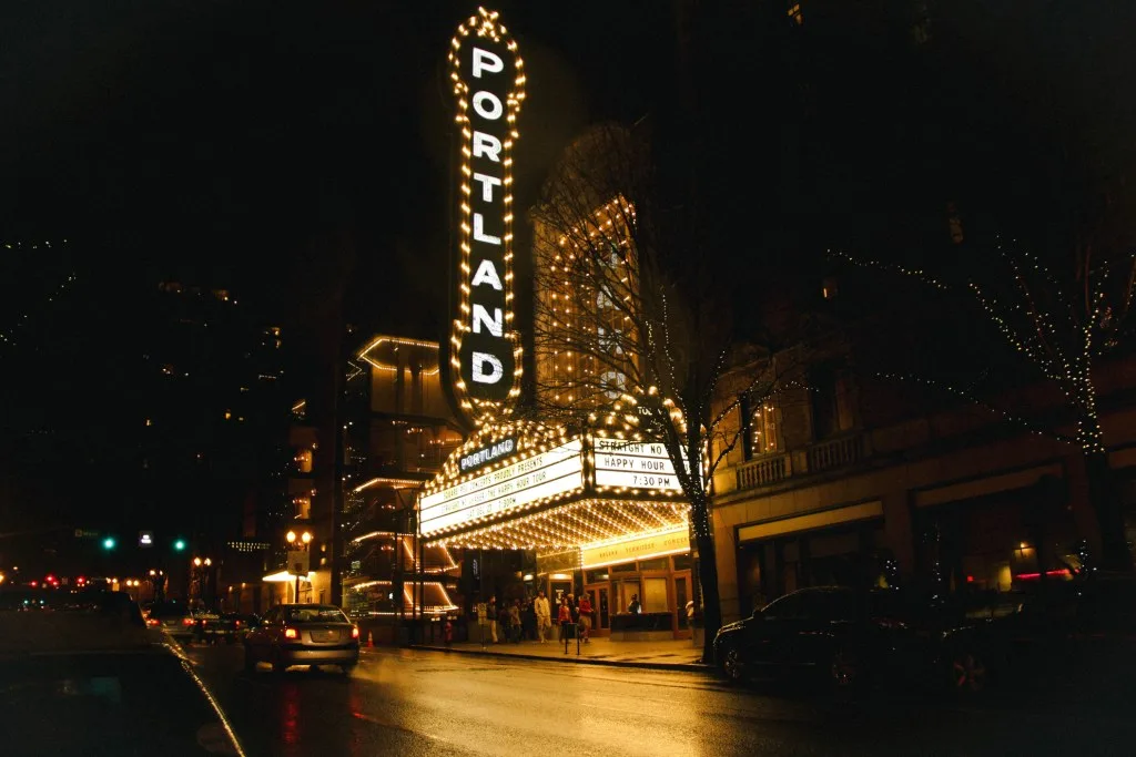 Portland marquee lit up at night