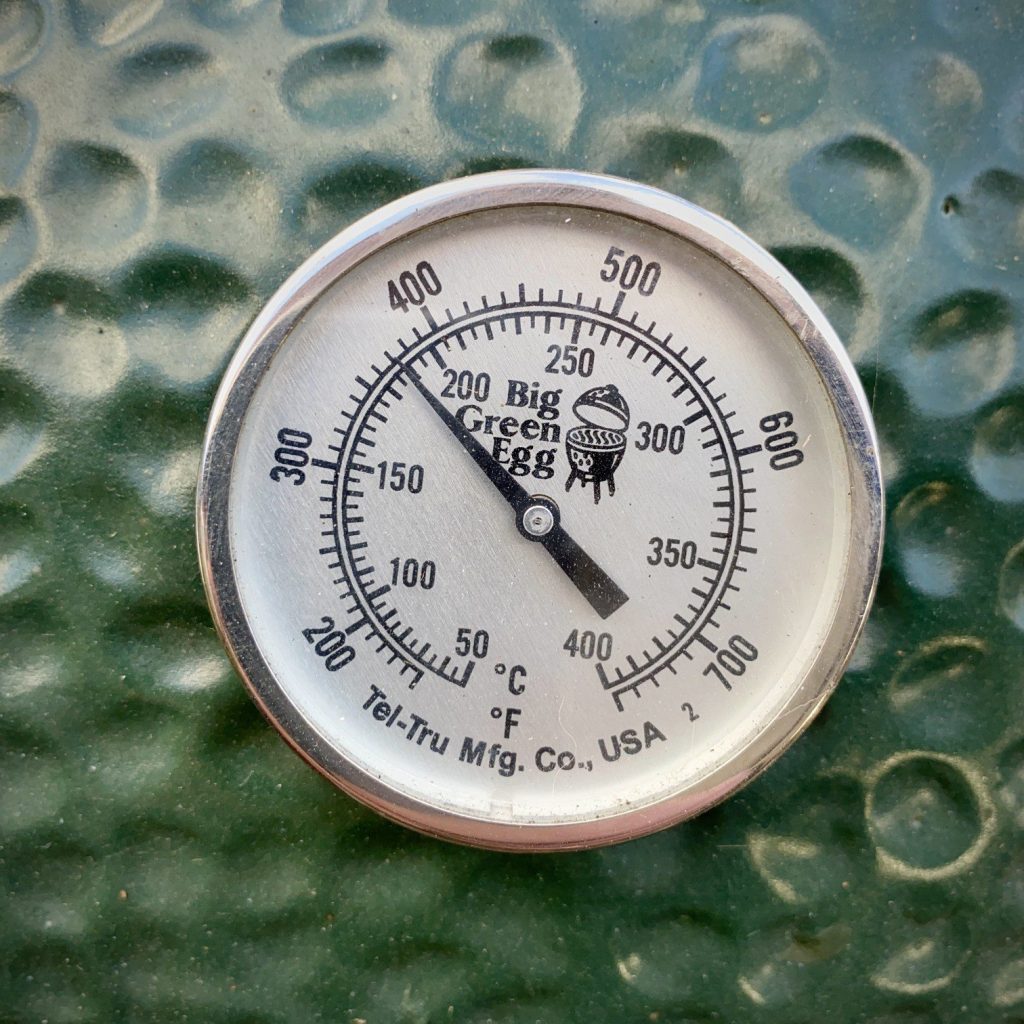 Thermometer on exterior of the Big Green Egg