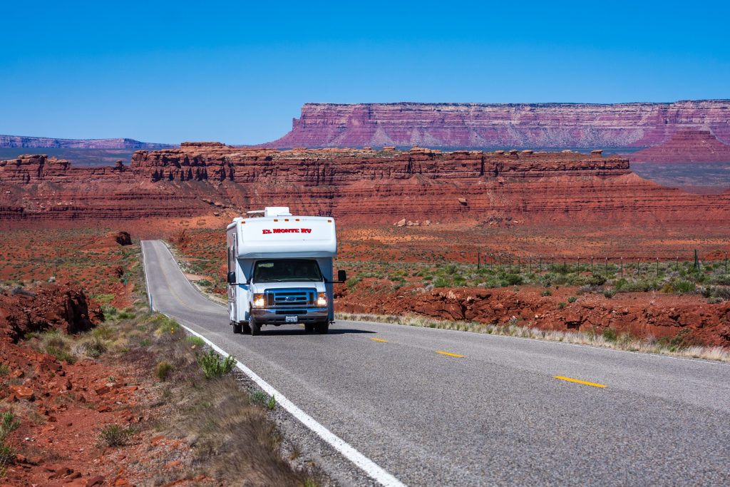 RV driving through Arizona on a road trip