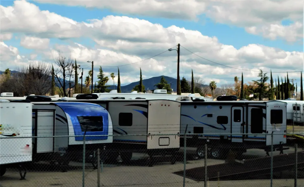 RVs parked in sales lot