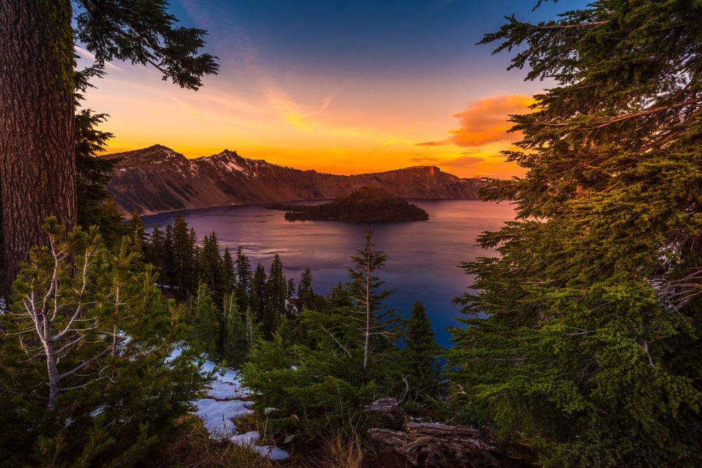 Crater Lake National Park Oregon at Sunset Wizard Island Watchman and Hillman Peaks