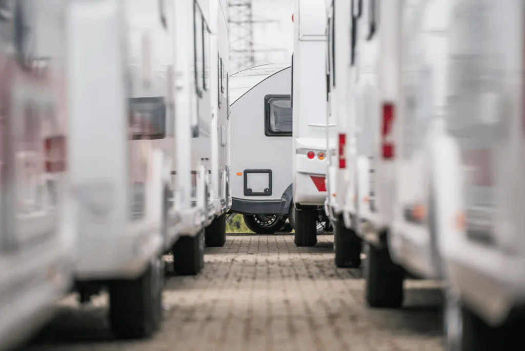 RVs lined up in RV manufacturer