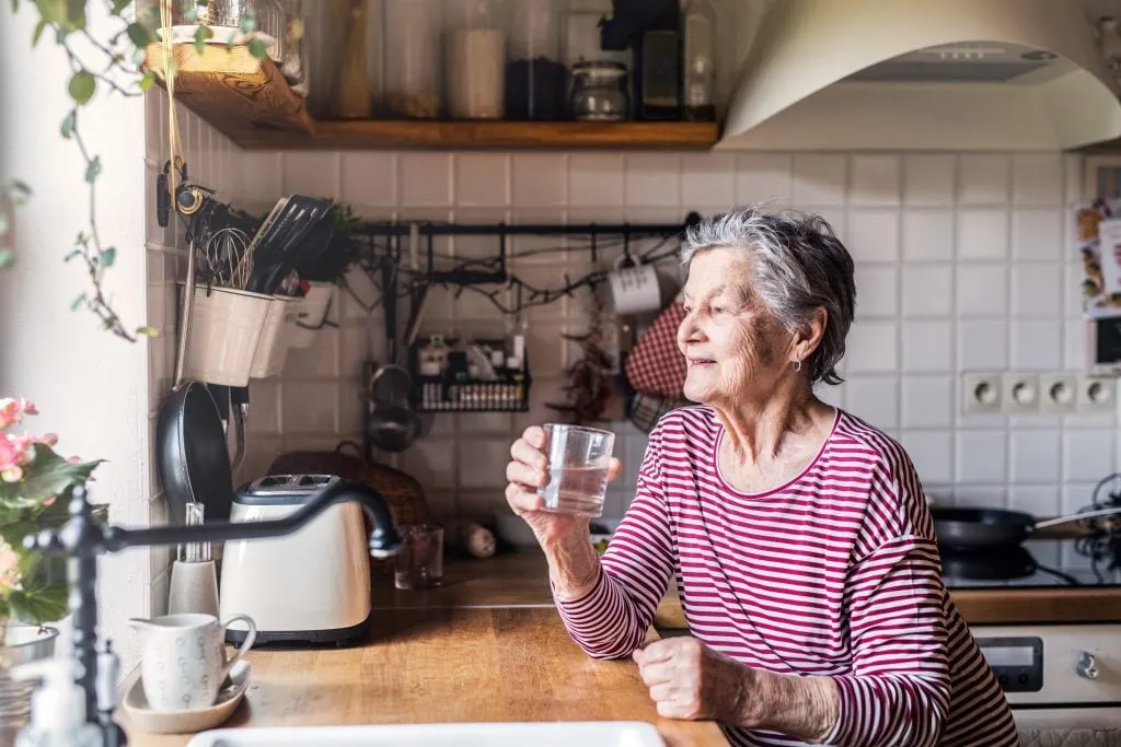Grandma looking out kitchen window in her granny pod