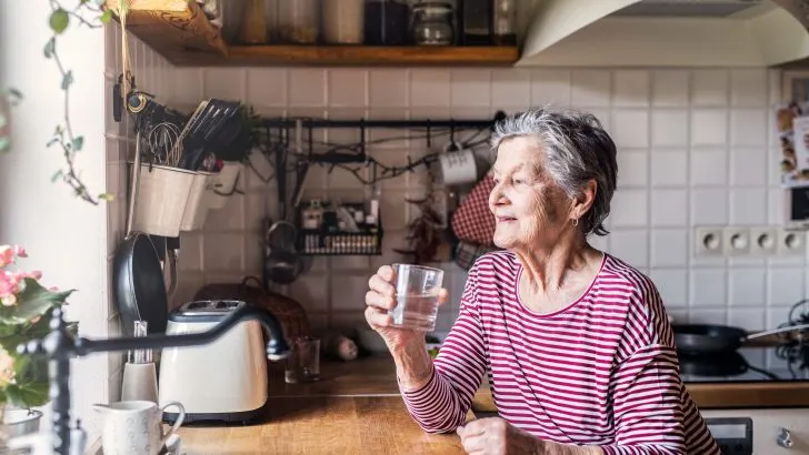 Grandma looking out kitchen window in her granny pod