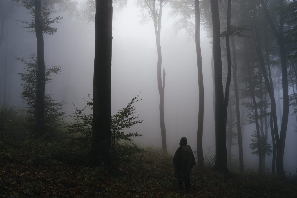 Cloaked figure in foggy forest in Alabama