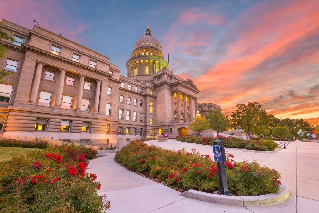 Idaho State Capitol Building at dawn in Boise, Idaho, USA.