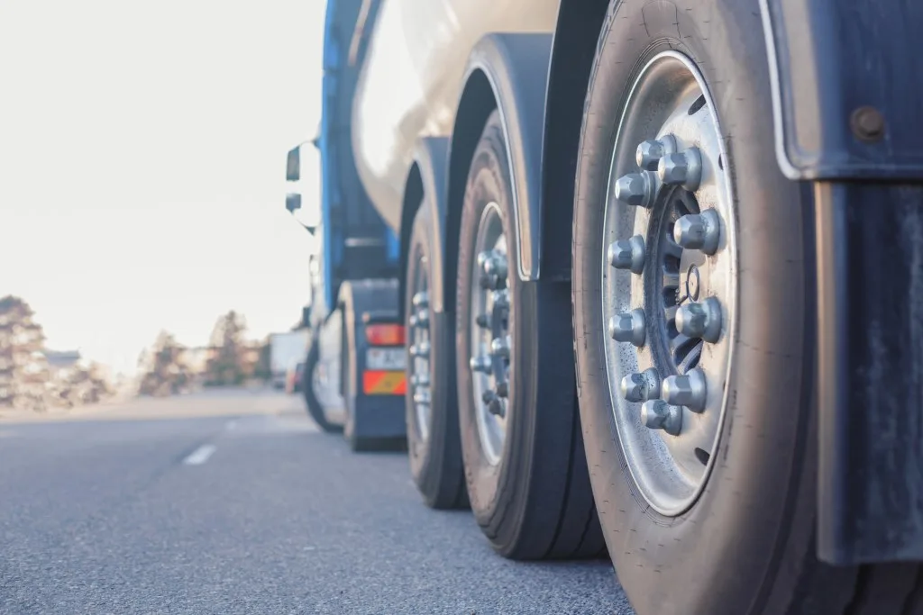 Close up of super single truck tires 