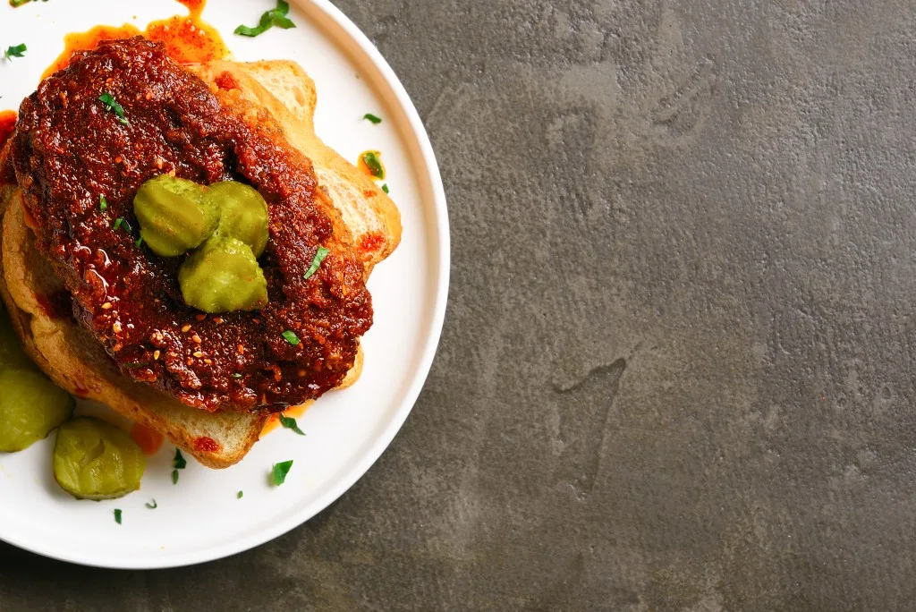 Aerial view of Nashville Hot chicken sandwich