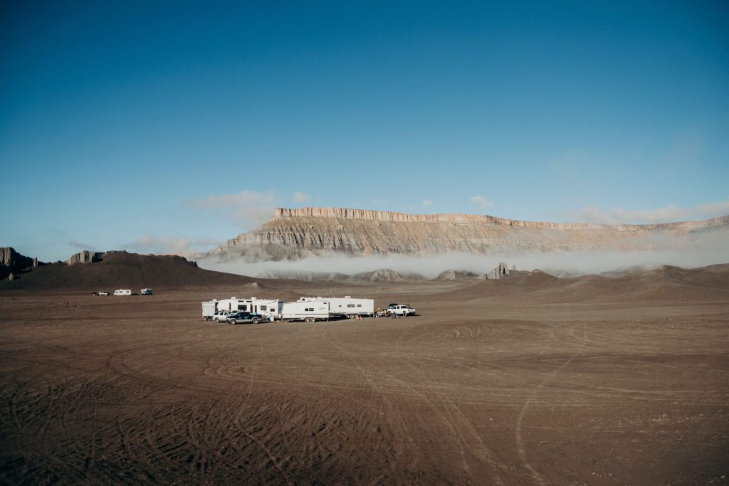 RVs parked at LTVA in desert