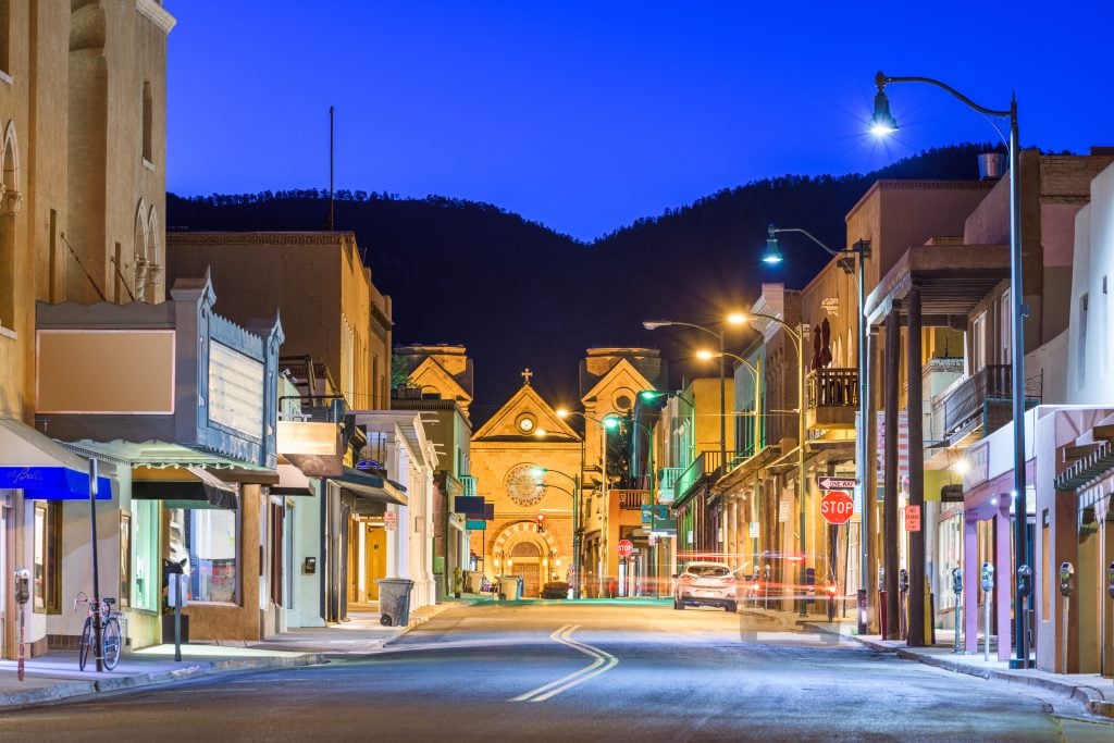 Santa Fe, New Mexico, USA downtown at night.