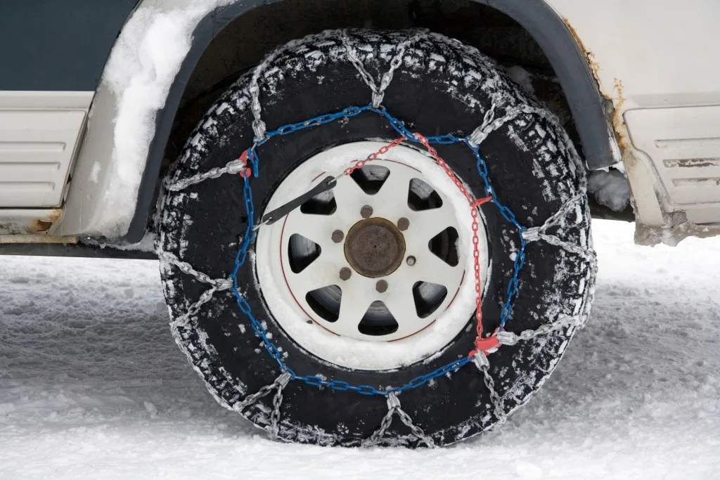 Close up of snow chains on RV tires