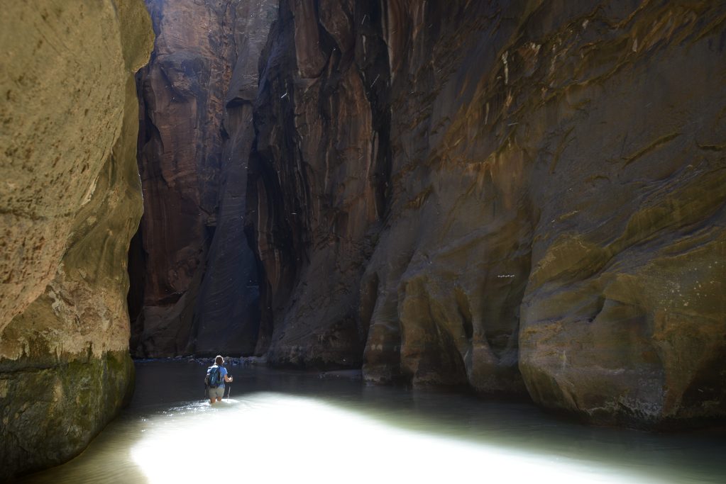 Woman hiking through water while hiking The Narrows in Zion National Park