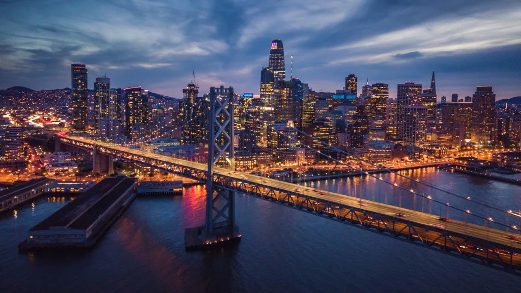 Aerial view of San Francisco Bay at night