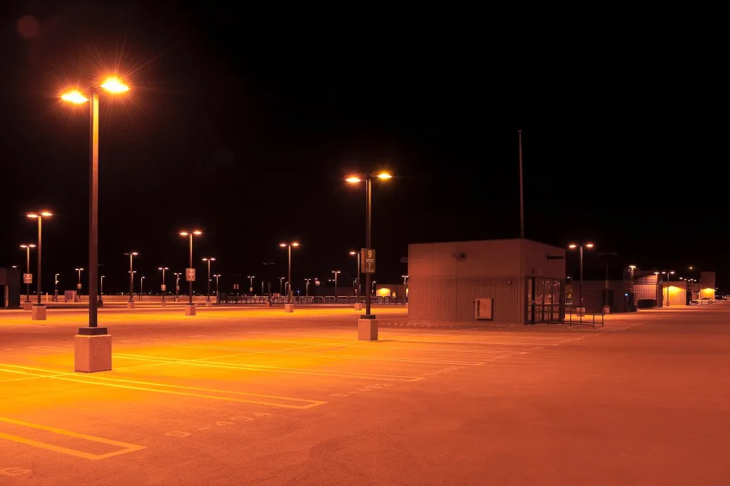 Dark Walmart parking lot at night