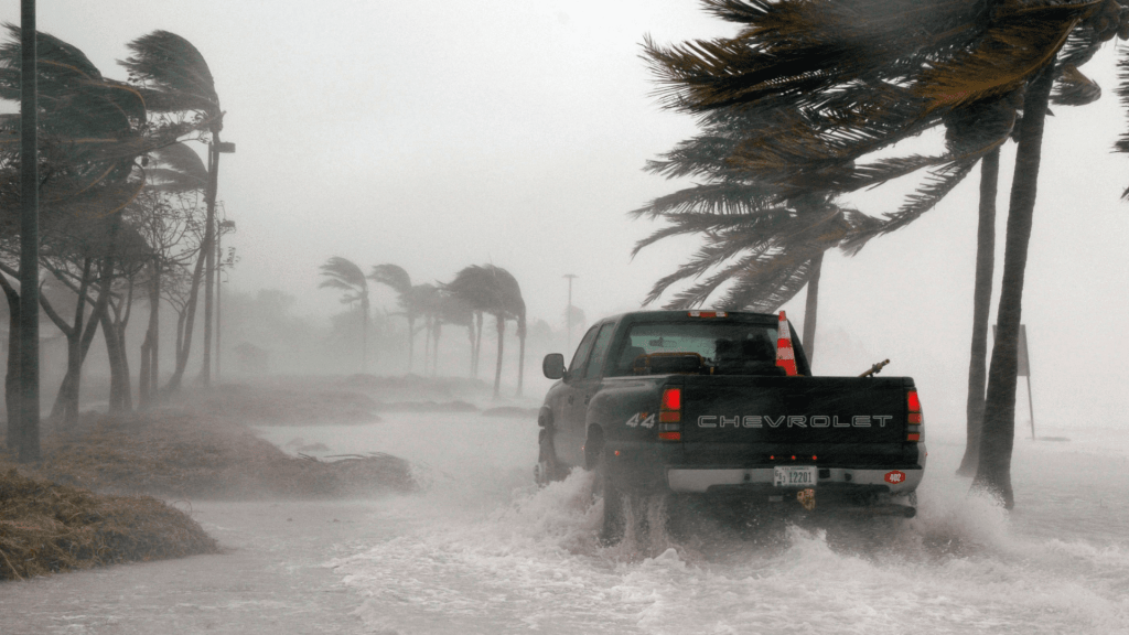 Truck driving in hurricane