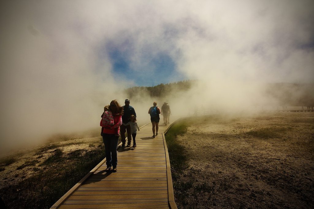 Tourists walking through Yellowstone