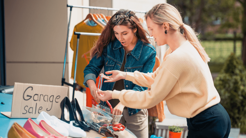 Two women shopping at garage sale