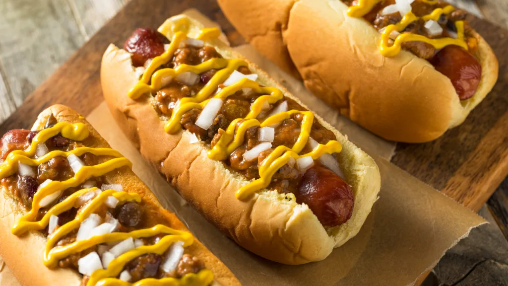 Three Michigan Red Hots on table