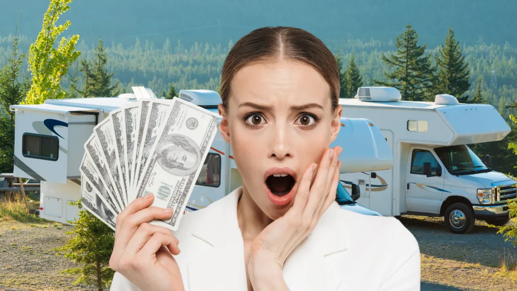 Woman holding money in front of RV