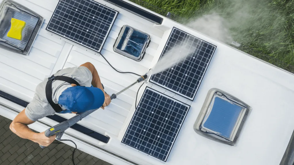 Man washing RV roof