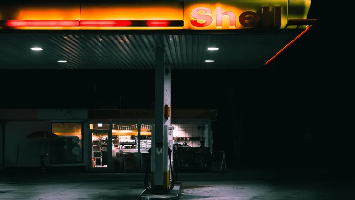 Shell gas station at night